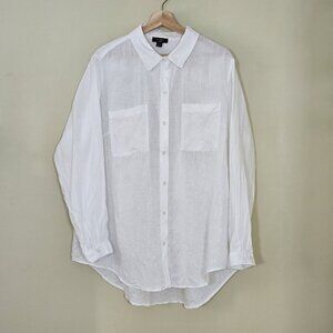 Lord & Taylor Top Women 2X White LS Linen Collar Buttons Lagenlook High Low Hem